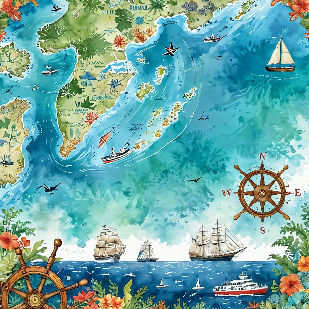 A detailed nautical map featuring various watercraft including sailboats, yachts, and cargo ships, navigating through a vibrant ocean filled with islands and reefs. A telescope focused on one of the vessels while a compass and a ship's wheel are artistically arranged in the foreground. Overlaying text emphasizes the theme of maritime coverage. watercolor style. vibrant colors. white background.