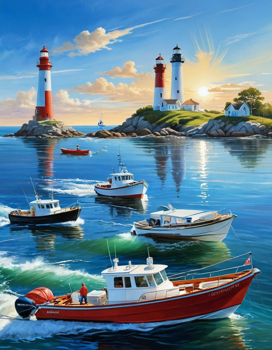 A serene nautical scene depicting various types of boats navigating calm waters under a bright blue sky, with a lighthouse symbolizing protection in the distance. In the foreground, a boat owner reviewing an insurance policy alongside important maritime tools, embodying safety and knowledge. Soft waves and gentle sunlight create a tranquil atmosphere. super-realistic. vibrant colors. dynamic composition.