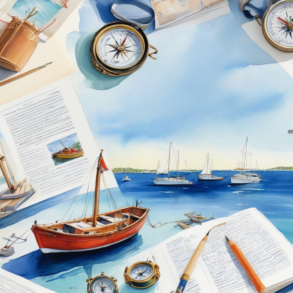 An open nautical handbook with an illustrated cover featuring boats sailing through calm waters under a bright blue sky. Surrounding the handbook, various nautical elements like compasses, anchors, and life jackets are arranged creatively. A serene marina in the background reflects the essence of boating insurance. Soft sunlight illuminating the scene enhances the inviting atmosphere. watercolor painting. vibrant colors.